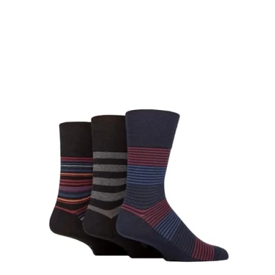 Image of Mens 3 Pair Gentle Grip Cotton Argyle Patterned and Striped Socks Regal Stripe Black / Charcoal 6 11