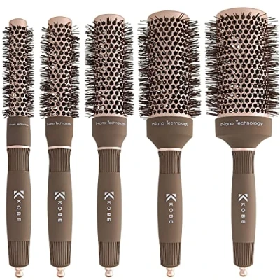 Image of Kobe Professional Heat Retaining Ceramic &amp; Ionic Round Hair Brush for Blow Drying With Nanotechnology Barrel Set of 5 Dry