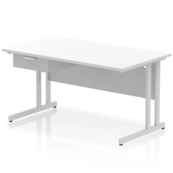 Image of Impulse 1400 x 800mm Scalloped Edge Straight Office Desk White Top Silver Cantilever Leg Workstation 1 Drawer Fixed Pedestal