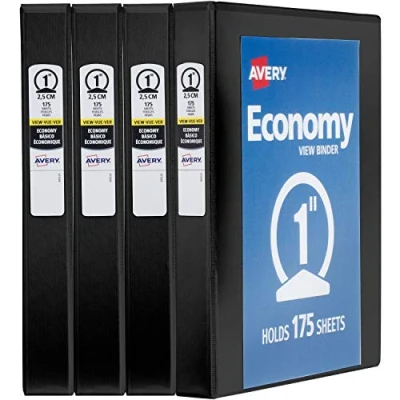 Image of Avery Economy View Binder with 1 Inch Round Ring, Black, Pack of 4 (19203)