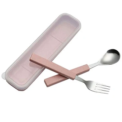Image of VANRA 2 Piece Children Flatware Set 18/10 Stainless Steel Child Tableware Silver Cutlery Silverware Dinner Utensils Spoon Fork with Travel Case for Kids (Chrome Finished) (Pink)
