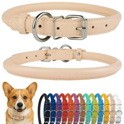 Image of CollarDirect Rolled Leather Dog Collar, Soft Padded Round Puppy Handmade Genuine Collar Small Large Cat Collars Black Pink Red Purple Blue (Fits 12&quot; 15&quot; Neck, Beige)