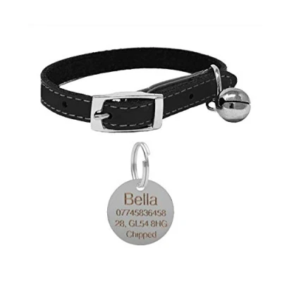 Image of JK Leather Cat Collar, Safety Elastic, Bell, &amp; Engraved Nickel Tag (Black)