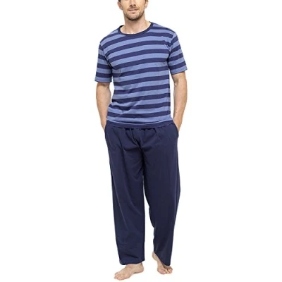 Image of Mens Tom Franks Short Sleeve Top &amp; Trouser Cotton Pyjama Sleepwear Nightwear (Navy/Blue) L