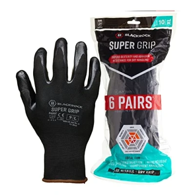 Image of Blackrock Pack of 6 Super Grip Work Gloves, Black Nitrile Safety Gloves Men Women, Working Roofing Warehouse Thin DIY, Gardening, Outdoor Size 10/XL