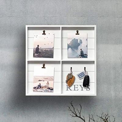 Image of HomeZone® Modern Wooden Photo Frame with Key Hooks White Square Shape Wall Mounted and Clips Display Board Decorative Home Accessories Memo Place for Bedroom or Living Room