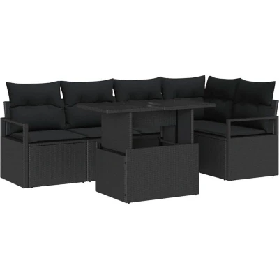 Image of vidaXL 6 Piece Garden Sofa Set with Cushions Black Poly Rattan