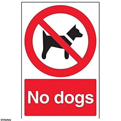 Image of V Safety No Dogs Prohibition Sign (Red) 200mm x 300mm Self Adhesive Vinyl
