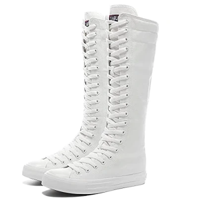 Image of Momuk Women&#039;s Fashion Lace Up Knee High Canvas Zip Boots Girls Fancy School Shoes White