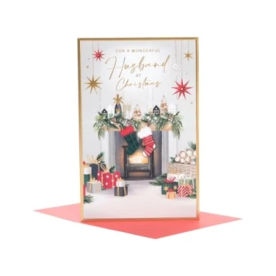 Image of UK Greetings Christmas Card for Husband Cosy Fireplace Design