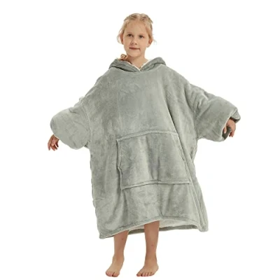 Image of 1ABOVE 75cm Oversized Sherpa Hoodie Ultra Soft Hooded Super Warm Comfortable Sweatshirt Fleece Cosy Comfy for Children Blanket with Sleeves and Pocket (LIGHT GREY)
