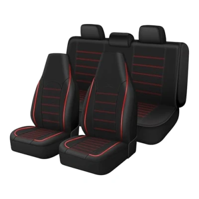 Image of TOYOUN Classic Universal PU Leather Car Seat Covers Full Set High Back Bucket Cover Fit Most Cars, Trucks, SUVS, or Vans 2 PCS Red Trim Auto Protector,