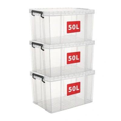 Image of Cetomo 50L*3 Storage Boxes, Stackable Box with Lids, Heavy Duty Lidded Container Reinforced Corners, Vertical Sides and Clip Closure, Durable, Plastic, Clear, 50L 3Pack