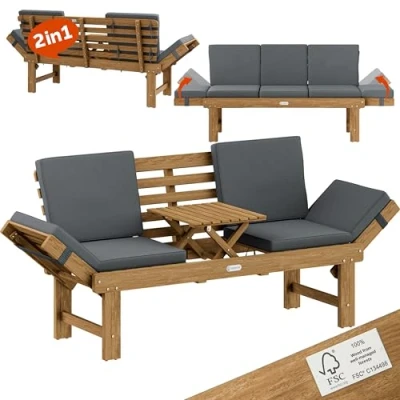 Image of CASARIA® Wooden Garden Bench with Table 200x45x76cm Foldable 320kg Load Capacity Weatherproof FSC® Certified Acacia Wood 3 Seater Balcony Furniture
