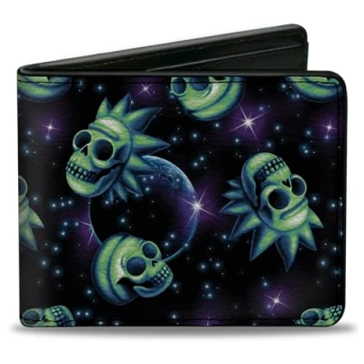 Image of Wallet Bifold PU Rick and Morty Glow Skull in Space Scattered Black Blues,