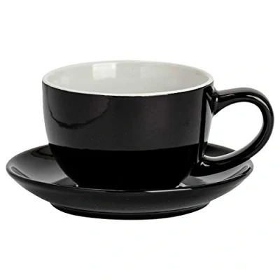 Image of Argon Tableware Coloured Cappuccino Cup &amp; Saucer Set Modern Stoneware Tea Coffee 250ml Black