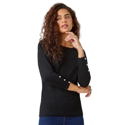 Image of Roman Womens Diamante Button Scallop Edge Jumper Black Size 16 UK