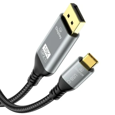 Image of USB C to DisplayPort 2.1 Cable 16K@30Hz 8K@120Hz 40Gbps Thunderbolt 4/3 Cord Alu Braided Compatible iPhone 16/15 Pro Max, Galaxy S24, MacBook Pro/Air, iPad, Mac Mini, XPS, 6.6FT