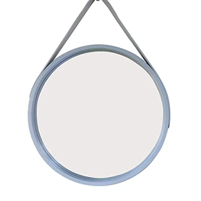 Image of ASPECT Faux Leather Strap Wooden Wall Mirror/Round Hanging Mirror/Decorative Vanity Mirror (Grey, 40 dia cm)