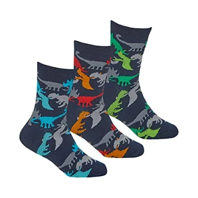 Image of Metzuyan Kids Boys Cotton Rich Novelty Socks Camo Designed Blue Dino Size 6 8.5