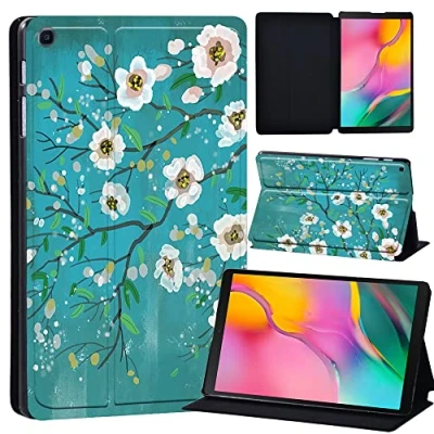 Image of Printed Leather slim lightweight Stand Cover Case for Samsung Galaxy Tab A 10.1 2019 (Model: SM T510 T515), with Function (Black) (white flower paint)