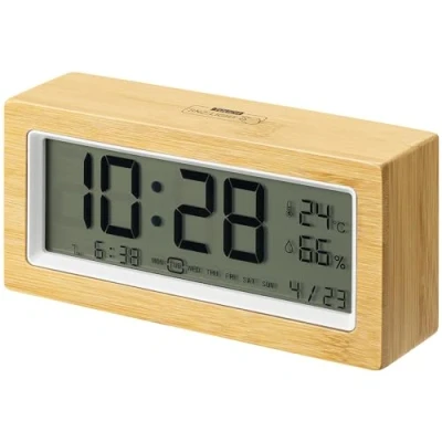 Image of Navaris Digital Alarm Clock for Bedside or Desk with Light &amp; LCD Backlit Display Shows Date Temperature Humidity Battery Operated Bamboo White Frame