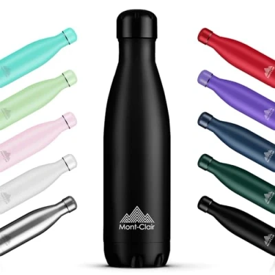 Image of Mont Clair l&#039;O Stainless Steel Water Bottle, Vacuum Insulated BPA Free, 12h Hot &amp; 24h Cold Drinks, Metal Bottle 1L Leakproof, Ideal for Adult, Kids, Running Black