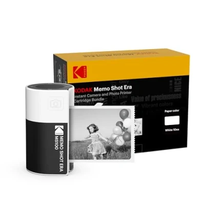Image of KODAK Memo Shot ERA Kids Instant Digital Camera and Photo Label Printer Bundle, White (Camera with 1 Roll One Touch Cartridge + 9 Rolls Set)