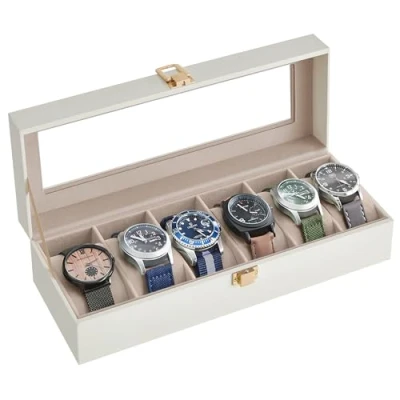 Image of SONGMICS Watch Box with 6 Slots, Case Glass Lid, Display Removable Pillows, Metal Clasp, Gift Idea, Cloud White Synthetic Leather, Cappuccino Beige Lining JWB006W01