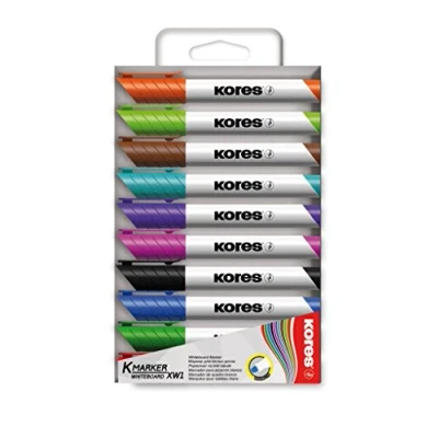 Image of Kores Coloured Whiteboard Marker Pens K XW2, Chisel Tip with Low Odour Ink Dry Wipe School Supplies, Office Supplies Pack of 10 Assorted Colours