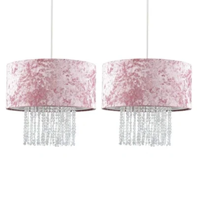 Image of Pair of Modern Pink Velvet Cylinder Ceiling Pendant Light Shades with Clear Acrylic Droplets