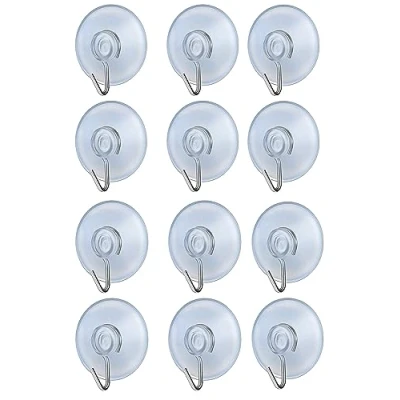 Image of fiXte Suction Cup Hooks Clear PVC Sucker Pads 45mm Kitchen Wall Hangers Window Hook No Drill for Glass Tile Door Bathroom Shower Christmas Lights Hanging Wreath (Pack of 12)