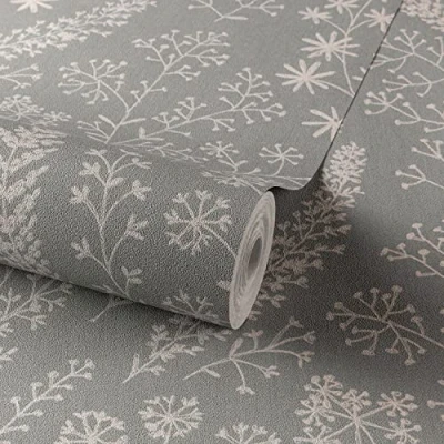 Image of Grandeco Astrid Embroidery Stitch Foliage Trail Wallpaper, Grey