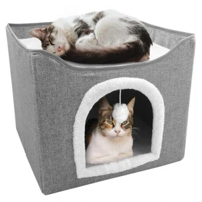 Image of GEEZY Large Cat House for Indoor, Cosy Foldable Pet Cave Furry Soft Cushions, Sisal Scratch Pad &amp; Fluffy Ball, Bed Indoor Cats, Collapsible House, Condo Hideaway Kitty Grey