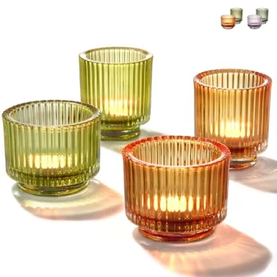 Image of Praknu Tea Light Holder Large Glass for Table Decoration Set of 4 Round Glasses Sturdy Candle Home &amp; Wedding (Gold Green)