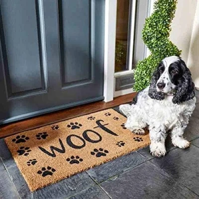 Image of Marco Paul Decorative Decoir Non Slip Doormat Entry Hallway Natural Coir Indoor Outdoor Welcome Door Mat Easy Clean Novelty PVC Backing (Woof! 75x45cm)