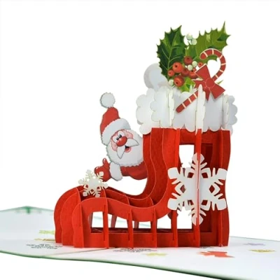 Image of Santa Claus Red gift Stocking 3D Pop Up card.A Delightful holiday surprise greeting card For kids, friends, family and loved ones. Christmas decor parties.15cmx15cm