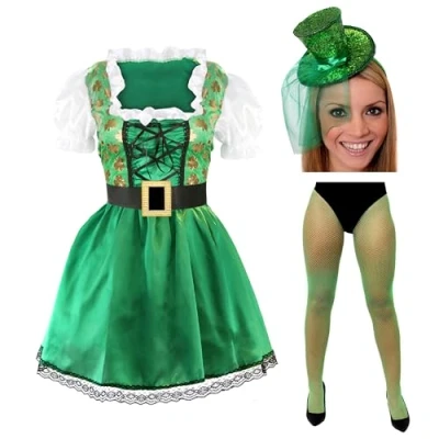 Image of Ladies St Patricks Day Dress Small Irish Lady Fancy Costume Shamrock Print with Green Fishnet Tights &amp; Mini Top Hat