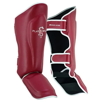 Image of Playwell Premium Range : Maroon Series Pro MMA Muay Thai Authentic Leather Stand up Shin &amp; Instep Guards (Large)