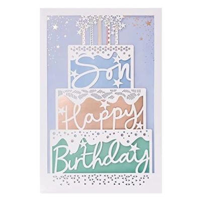 Image of Birthday Card For Son With Envelope Cute Design Lazer Cut Cake and Lettering