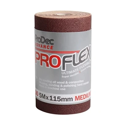 Image of ProDec Advance 5m Roll 100 Grit Medium Fine Grade ProFlex Ultra Flexible Crack Resistant Aluminium Oxide Abrasive Sanding Paper for Wood, Paint, Plaster, Filler, Metal and More, 115mm Wide
