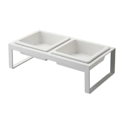 Image of Yamazaki 4744 TOWER Pet Food Bowl Stand Set, white, Steel/Ceramic, Minimalist, 29 x 15.5 10 cm