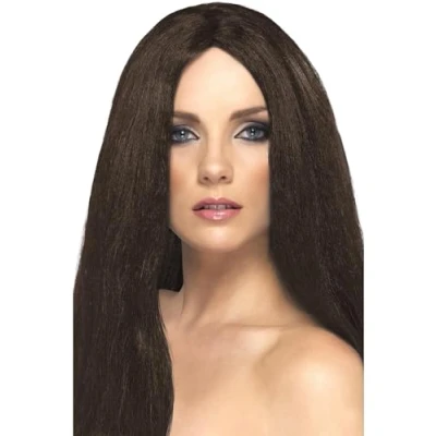 Image of Smiffys Star Style Wig, Brown 44cm Long, Straight, Ladies Glamour Wigs Fancy Dress, Adult Dress Up