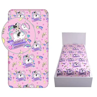 Image of Jerry Fabrics Minnie Unicorn Fitted Sheet, Pink 100% Cotton, 90 x 200 + 25 cm, Machine Washable