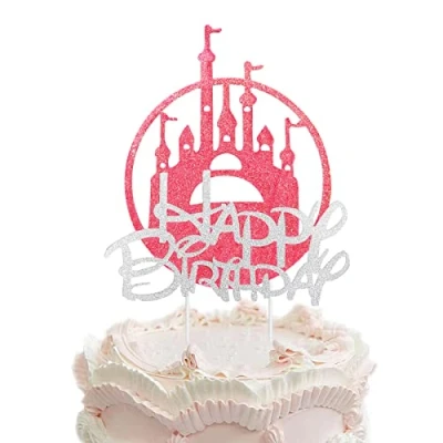 Image of Castle Birthday Cake Topper Pink Glitter Princess Pick for Girl Happy Baby Shower Party Decoration