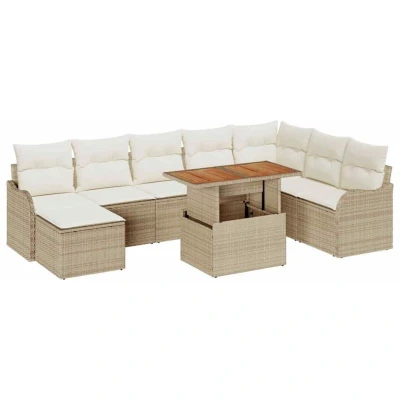 Image of vidaXL 9 Piece Garden Sofa Set with Cushions Beige Poly Rattan Acacia