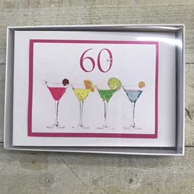 Image of 60TH Birthday. Special Occasion. Tiny Photo Album. NEON Cocktail Glasses Design. Hand Finished by WHITE COTTON CARDS (NC60T)
