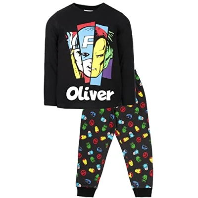 Image of Marvel Personalised Kids Pyjamas Black Long Sleeve Avengers 100% Cotton Sleepwear Official Merchandise 5/6 Years