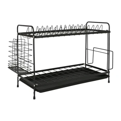 Image of Metal 2 Tier Dish Drainer Rack with Drip Tray Black