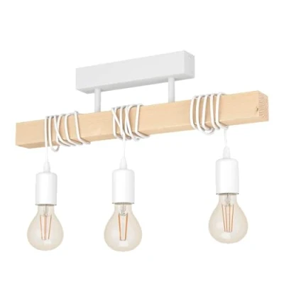 Image of Eglo Ceiling Light Fitting Townshend, 3 Vintage lamp in Industrial Design, Retro Pendant Made of White Steel and Natural Wood, FSC Certified, E27